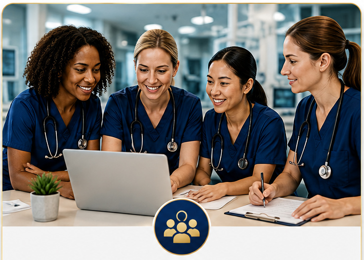 Nurses collaborating around a laptop